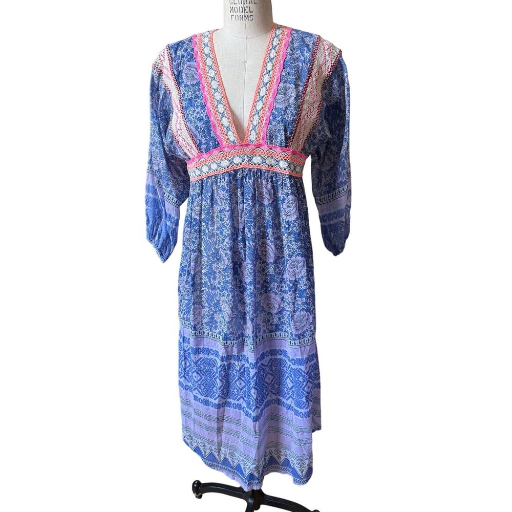 Blue Boheme Blue Block Print & Lace Midi Dress Size Medium Large Cotton Vacation